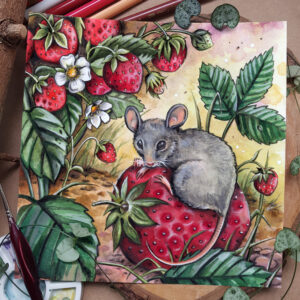 Maus Erdbeere Illustration Fineart