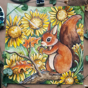 Eichhörnchen Sonnenblumen Illustration Fineart